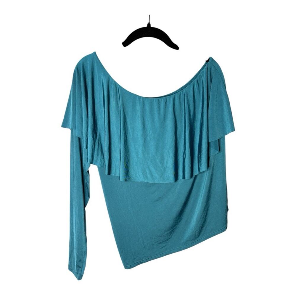 Bold Elements Teal One Shoulder Ruffle Neckline Top Large
